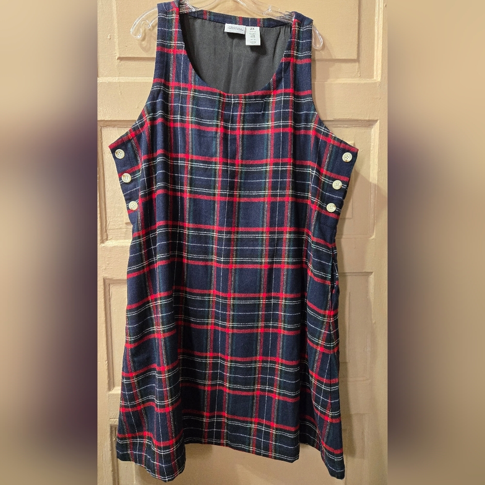 The Vermont Country Store Tartan Plaid Wool Blend Blue Red Sleeveless Dress